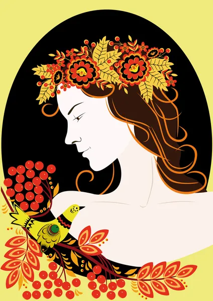 Девушка в венке из декоративных цветов . — стоковый вектор