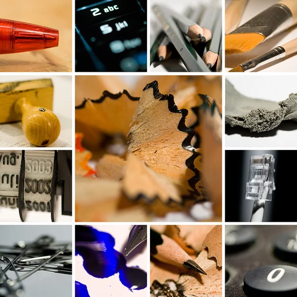 Kulspetspennor bläck, pensel, penna händig stämpel collage — Stockfoto
