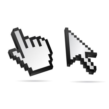 White 3D Pixel Vector Mouse cursor and Hand clipart
