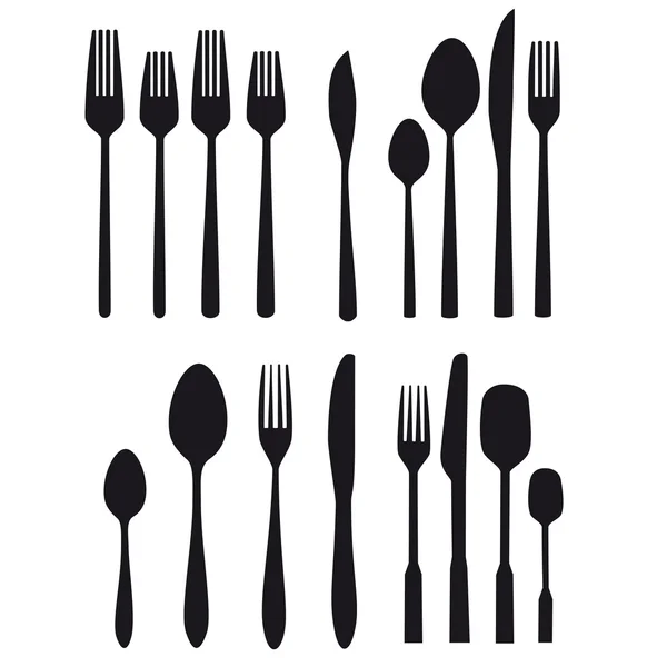 Posate cibo tavola argenteria vettore forchetta forchetta cucchiaio posate set silhouette simbolo — Vettoriale Stock
