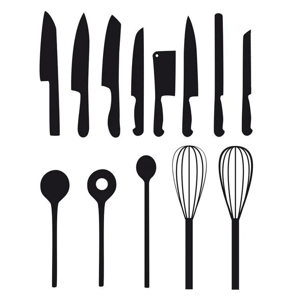 Keuken hakmes mes mes lepel houten lepel lepel bakken koken accessoires teken vector silhouet set — Stockvector