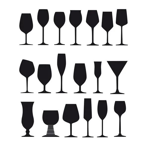 Long drink glass glazier liqueur wine goblet silhouette spirit champagne glass wine glass snifter vector set — Stock Vector