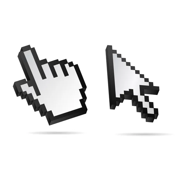 White 3D Pixel Vector Mouse cursor and Hand — Stock Vector