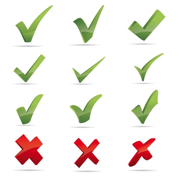 Векторный зеленый X check haken знак значок красный X крест набор
