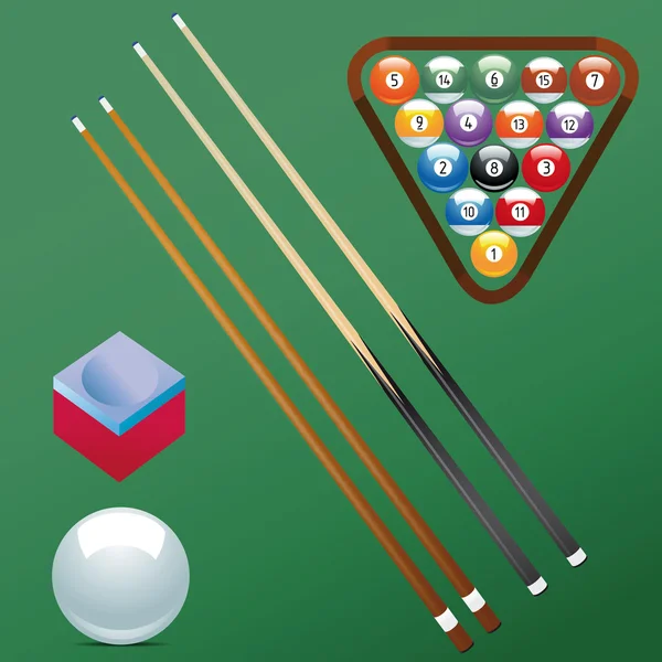 Biljard boll set samling krita sport pool spel hobby cue restaurang bord grön triangulära — Stock vektor