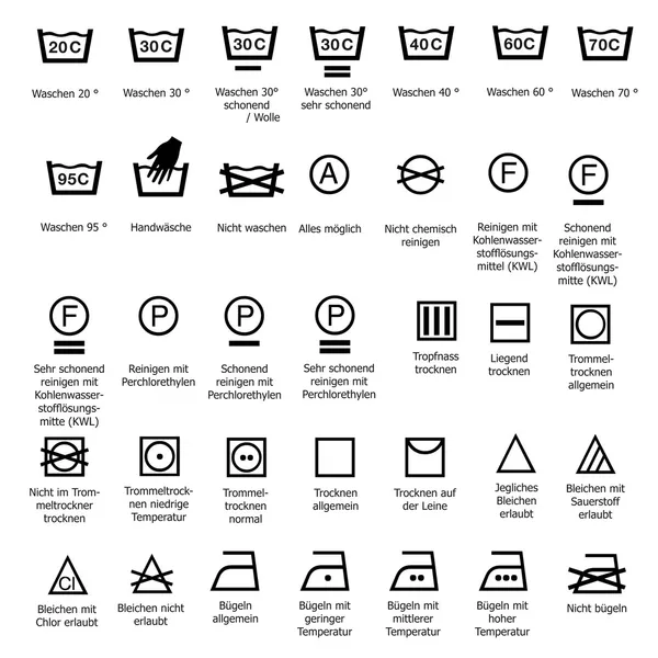 Textil cuidado símbolos lavado tintorería alisado lavado signo símbolo vector signo grado lavado — Archivo Imágenes Vectoriales