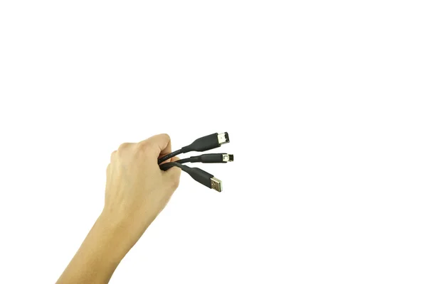Mãos com cabos USB — Fotografia de Stock