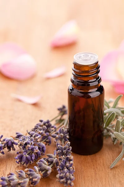 Botella lavendel y parfum con hojas de rosa sobre fondo de madera —  Fotos de Stock
