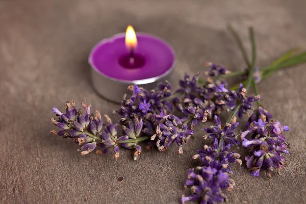 Candel mit Flamme und Lavendel — Stockfoto