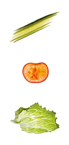 Pepino ensalada de tomate verduras collage sobre fondo blanco — Foto de Stock