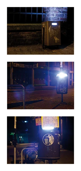 밤 빛 라이트 블루 콜라주에 쓰레기 쓰레기 쓰레기를 던져 — 스톡 사진