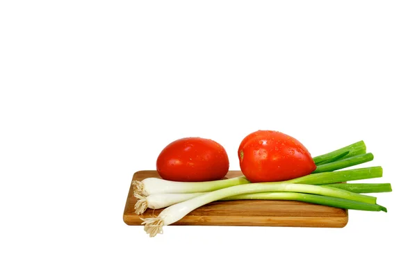 Tomatoes and Geen Oinions — Stock Photo, Image