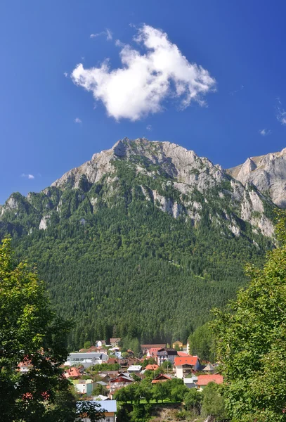Bucegi bergen over een kleine stad in Roemenië — Stockfoto