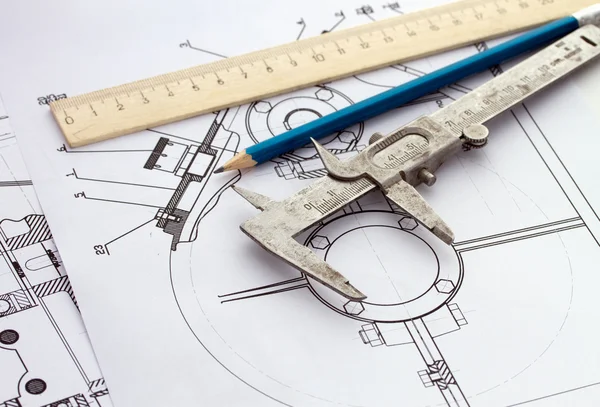 Mekanisk ritning och verktyg — Stockfoto