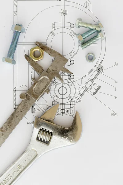 Desenho mecânico e ferramentas — Fotografia de Stock