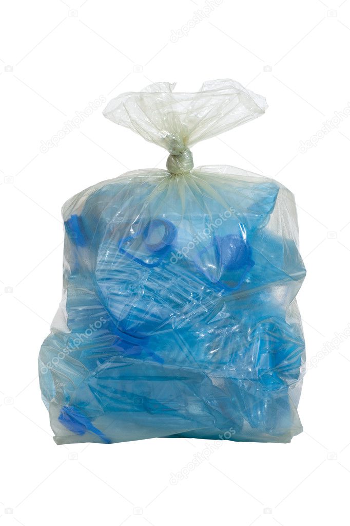 Plastic bag with crushed blue plastic bottles cutout on white