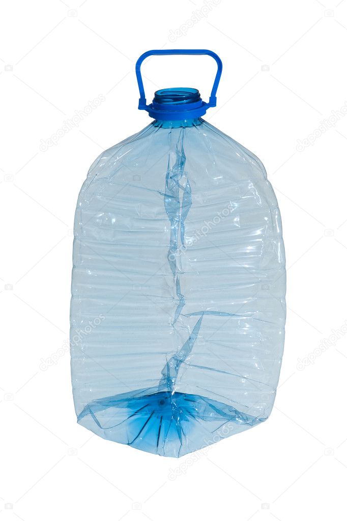 Crushed blue plastic bottle isolated on white background