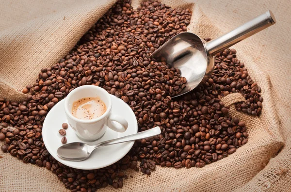 Grãos de café e xícara de café expresso — Fotografia de Stock