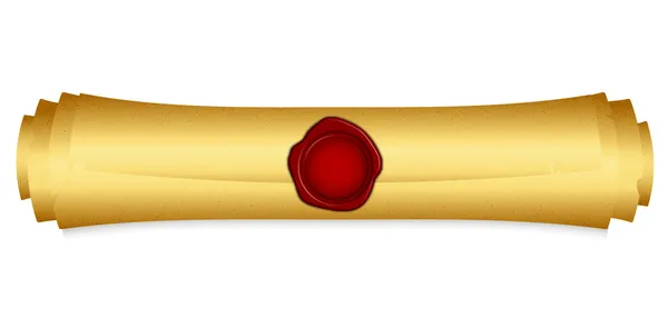 Ilustración vectorial de pergamino de oro con sello de cera roja — Vector de stock