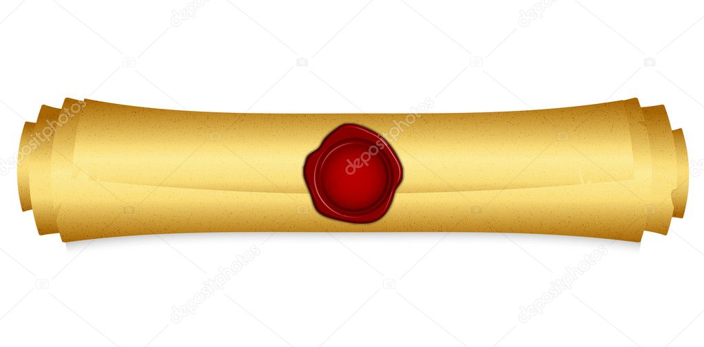 Vector illustration of gold scroll with red wax seal