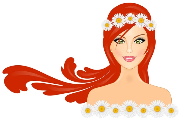 Ilustração vetorial de mulher com cabelo vermelho e coroa de margarida sobre ele — Vetor de Stock