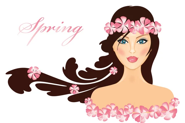 Primavera - ilustración vectorial de niña con flores — Vector de stock