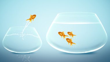 Goldfish jumping into bigger fishbowl clipart
