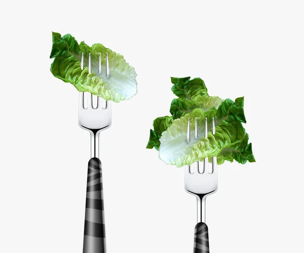 Lettuce pierced by fork, isolated on white background — Stock Photo, Image