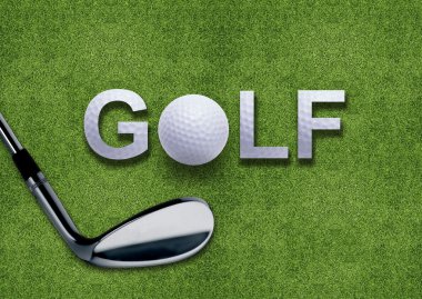 Golf ball and putter on green grass clipart