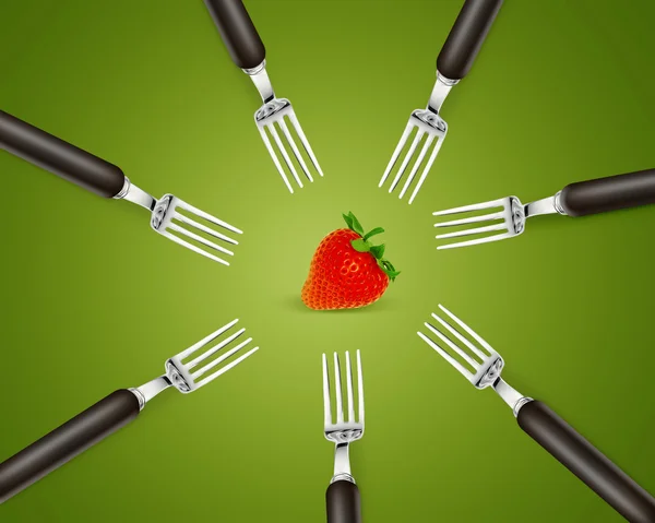 En jordgubbe mellan uppsättning gafflar — Stockfoto