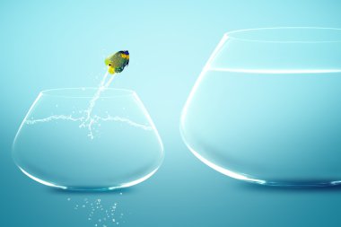 Anglefish jumping into bigger fishbowl clipart