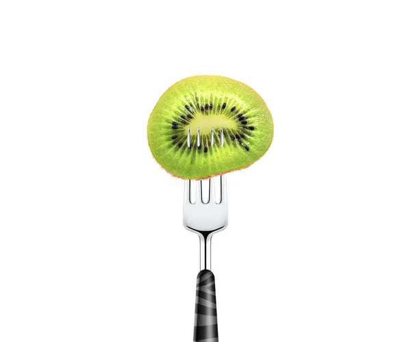 Kiwi slice pierced by fork, isolated on white background — Stock Photo, Image
