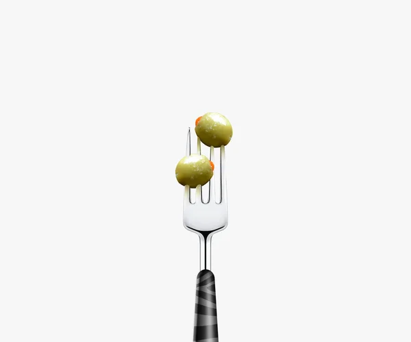 Azeitona perfurada por garfo, isolada sobre fundo branco — Fotografia de Stock
