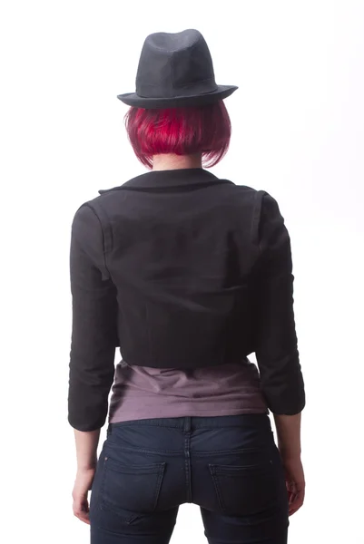 Schwarzer Hut rote Haare von hinten — Stockfoto