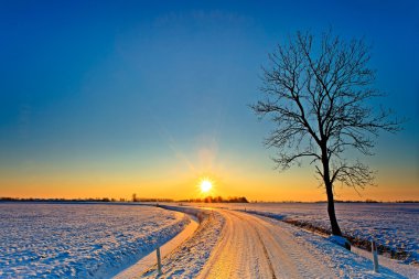 Sunset in a white winter landscape clipart