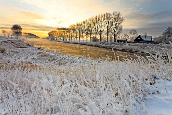 Canal dans un paysage hivernal blanc — Photo
