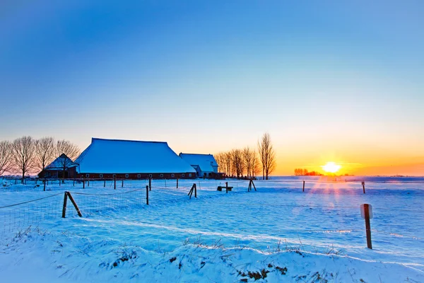 Sonnenuntergang des Bauernhofs in winterlicher Landschaft — Stockfoto