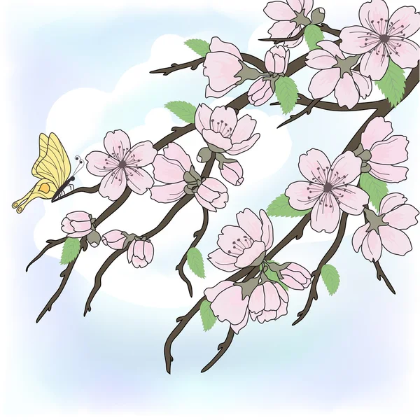 Cabang vektor sakura dengan bunga - Stok Vektor