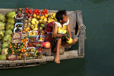 halong Bay - vietnam tekne ile meyve satıyor