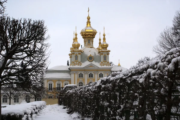 Palácio real o Peterhof na Rússia - telhados dourados cobertos de neve — Fotografia de Stock