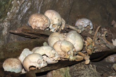 Kafatasları ve kemikleri bir mezar (mezar) Tana Toraja - Sulawesi - Indon mağara