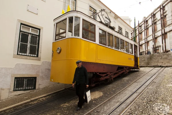 stock image Yellow tram in the center of Lisbon, Portugal