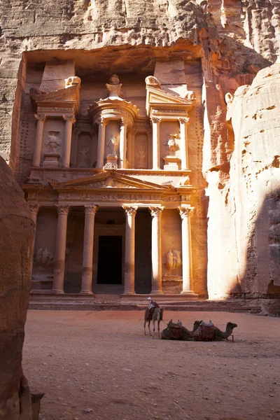 The Treasury with camels in Petra - the famous temple of Indiana Jones in Jordan — Stock Photo, Image