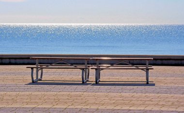 Benches On Patio Overlooking Beautiful Water clipart