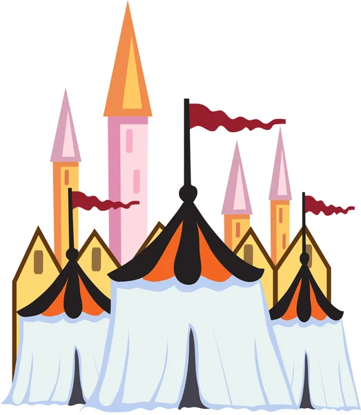 Tendas de circo estão em pé no fundo das torres do castelo — Vetor de Stock
