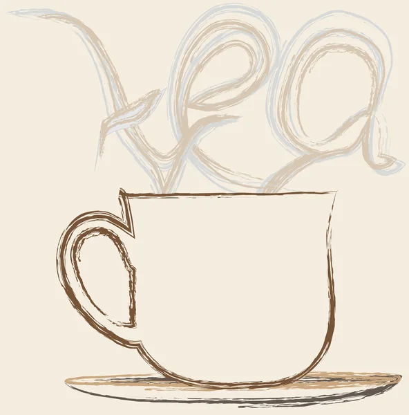 Com uma xícara de chá quente, o vapor surge na forma da palavra chá —  Vetores de Stock