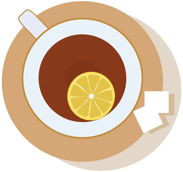 З чашкою чаю і шматочком лимона, на блюдці дві грудки цукру — стоковий вектор
