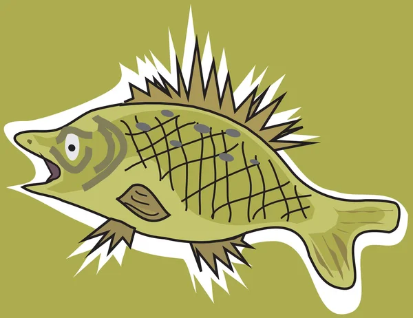 Manguito de pescado con un contorno blanco sobre un fondo verde — Vector de stock