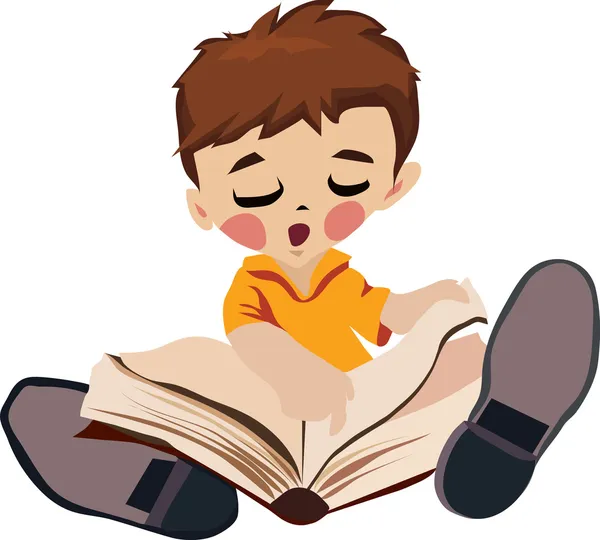 Sentado no chão menino está lendo um livro enquanto assiste seu dedo — Vetor de Stock