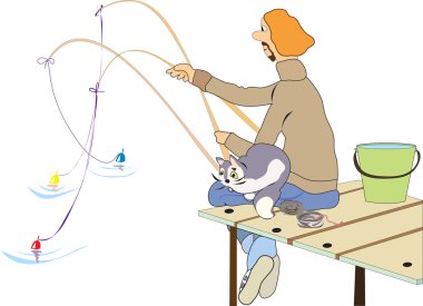 Fisherman holds in her hands three rods sitting on the dock with a cat on his lap, standing next to a bucket and a jar of worms clipart